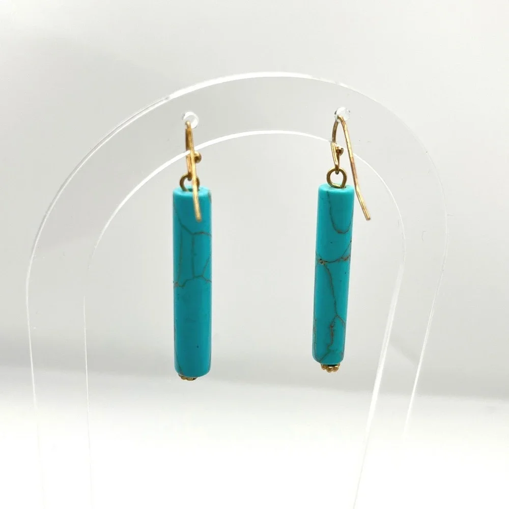 Faux Turquoise‎ Cylinder Bar Drop Earrings Gold Tone Wire Hooks Blue Marbled